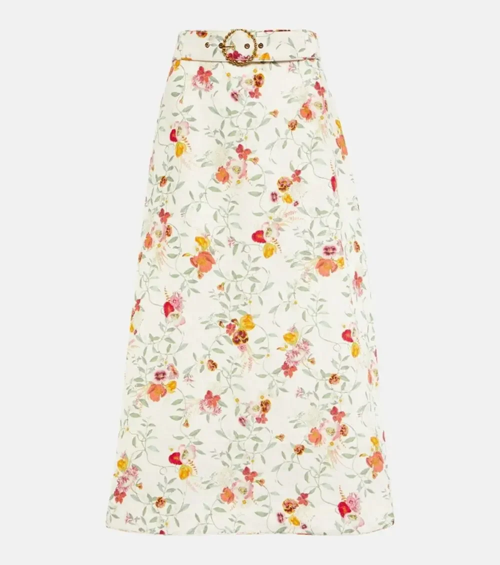 Zimmermann Women's Linen Midi Floral Belted Elka Vine Ivory Wonderland Skirt